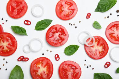 Photo of Composition with fresh green basil leaves on white background, top view