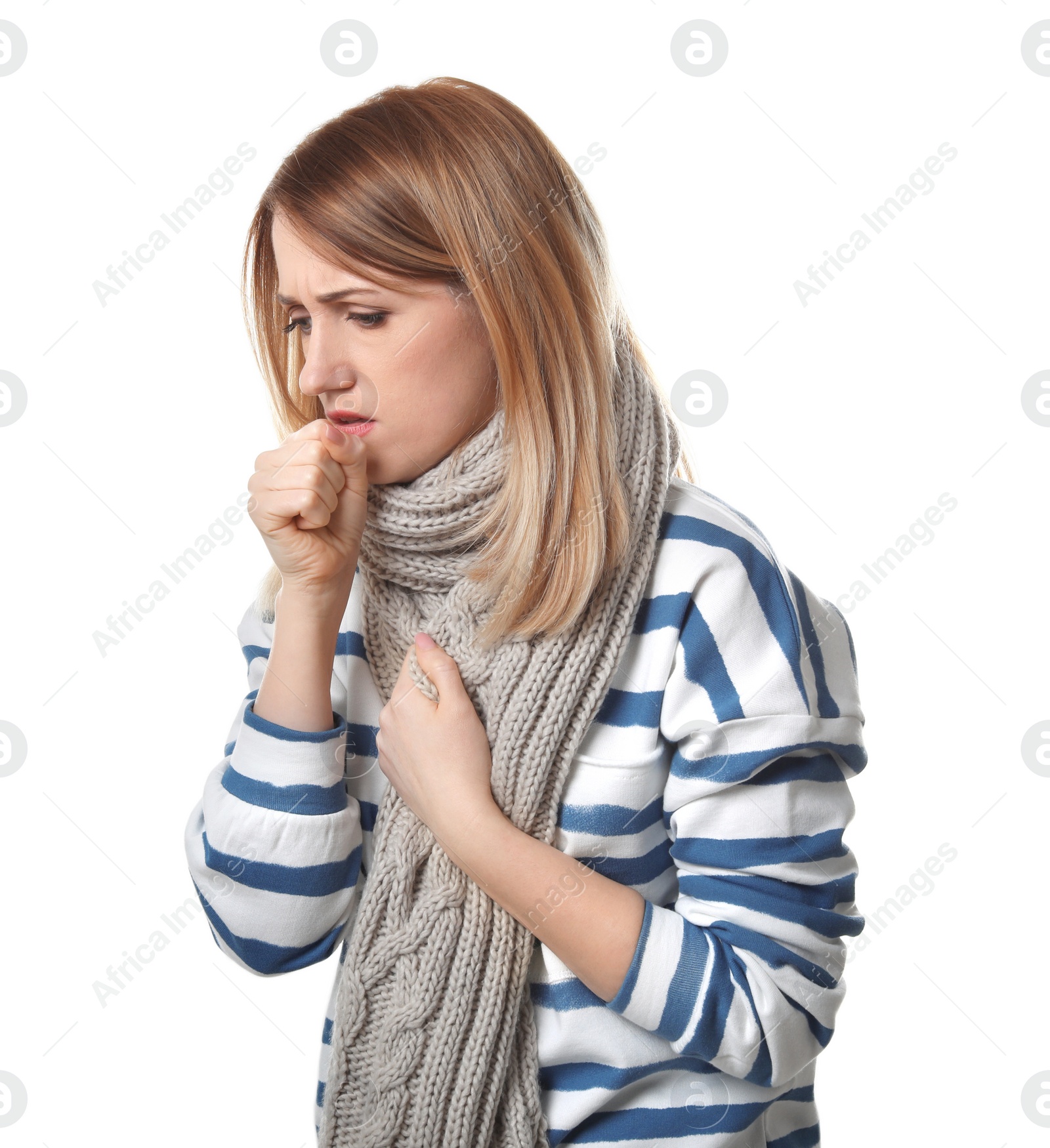 Photo of Young woman coughing on white background