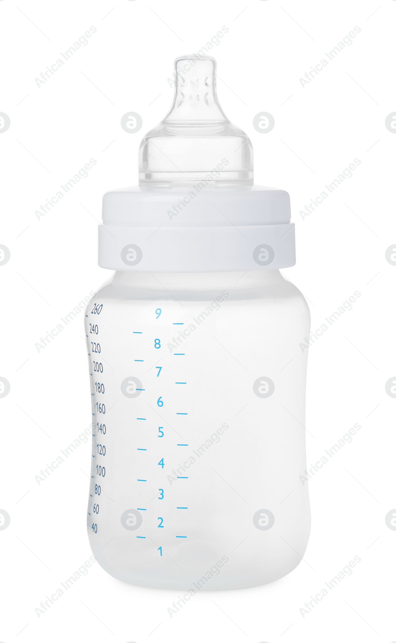 Photo of One empty feeding bottle for baby milk isolated on white