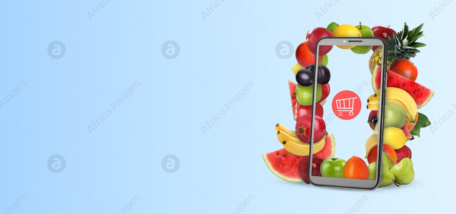 Image of Online purchases. Shopping cart icon and different fruits coming out of smartphone screen on light blue background. Banner design with space for text