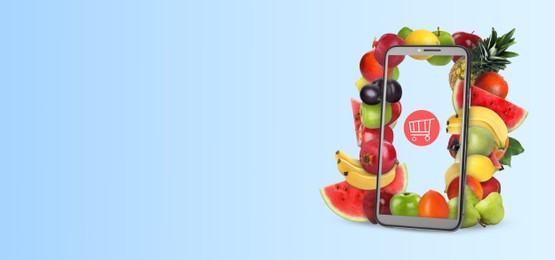 Image of Online purchases. Shopping cart icon and different fruits coming out of smartphone screen on light blue background. Banner design with space for text