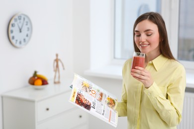 Photo of Beautiful young woman with delicious smoothie and magazine at home. Space for text