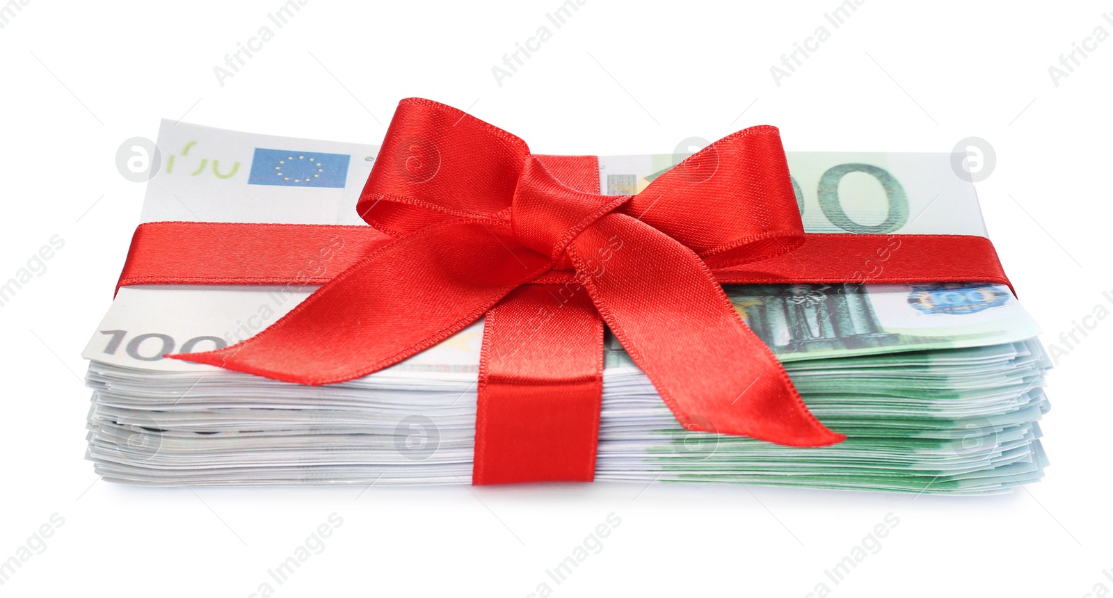 Photo of Euro banknotes tied with red ribbon isolated on white. Money and finance