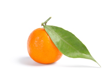 Photo of Tasty ripe tangerine with leaf on white background