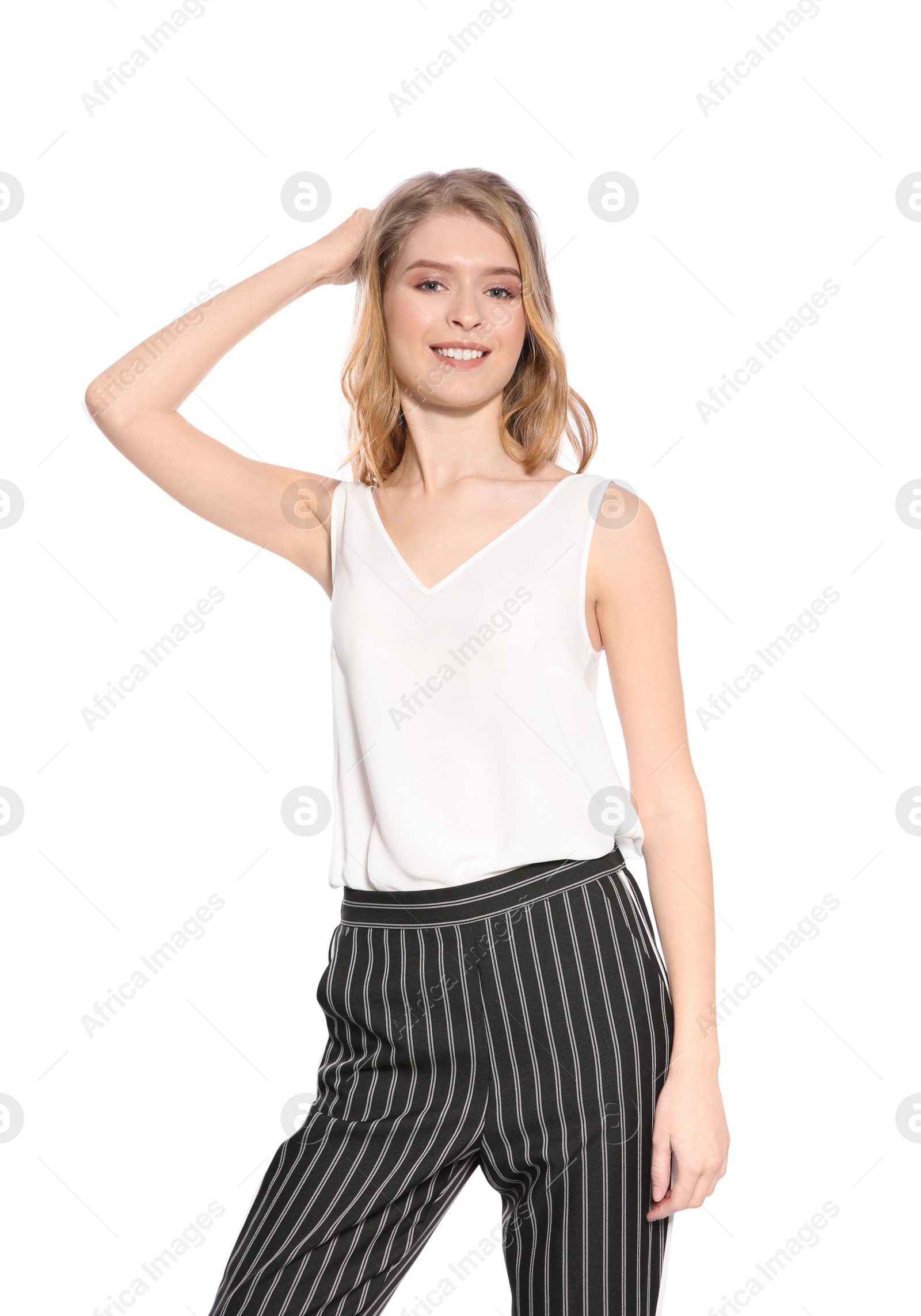 Photo of Portrait of beautiful young woman on white background