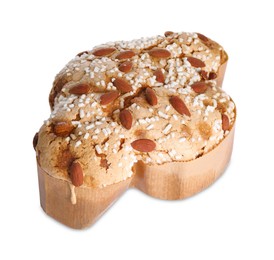 Delicious Italian Easter dove cake (Colomba di Pasqua) decorated with sugar and almonds on white background