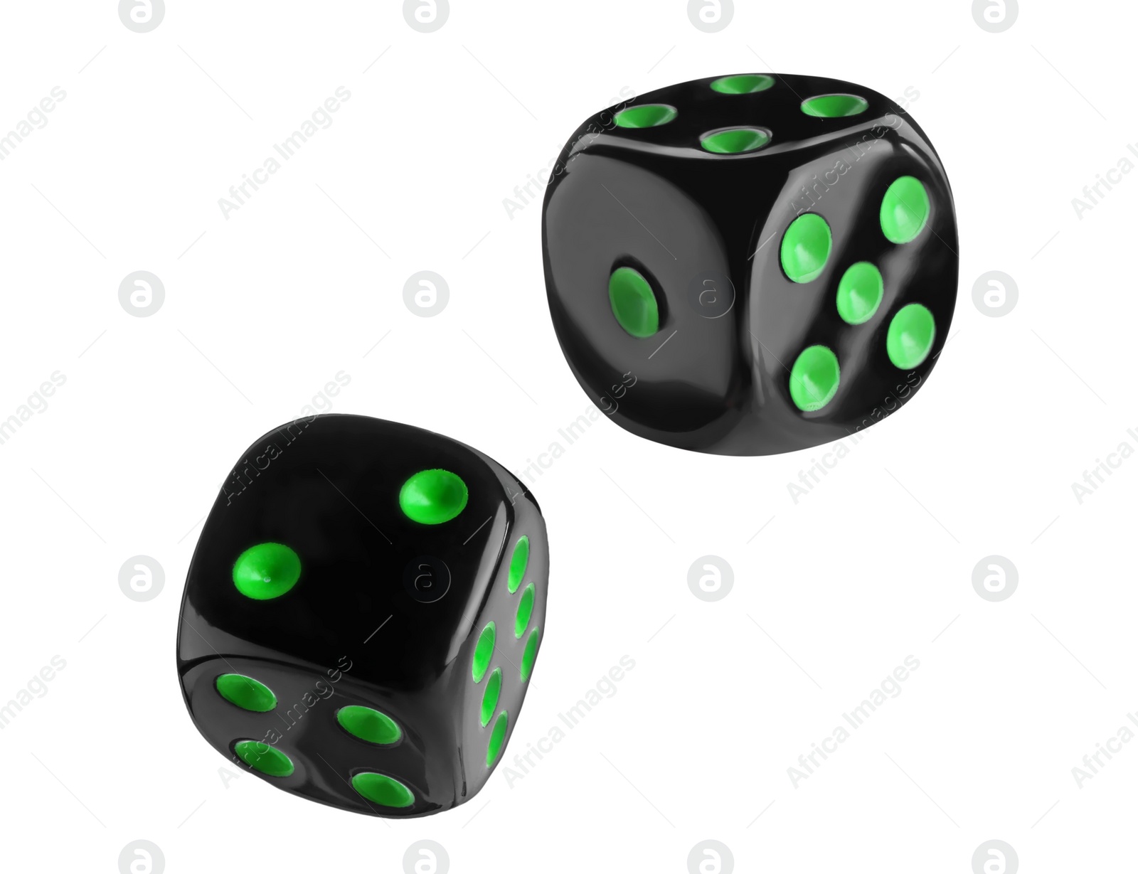 Image of Two black dice in air on white background