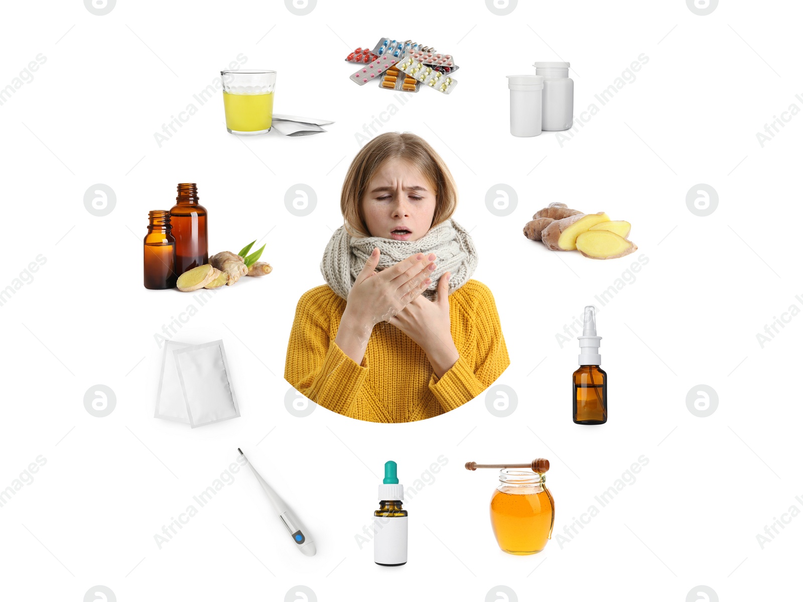 Image of SIck teenage girl surrounded by different drugs and products for illness treatment on white background