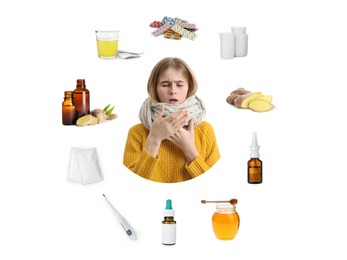 Image of SIck teenage girl surrounded by different drugs and products for illness treatment on white background