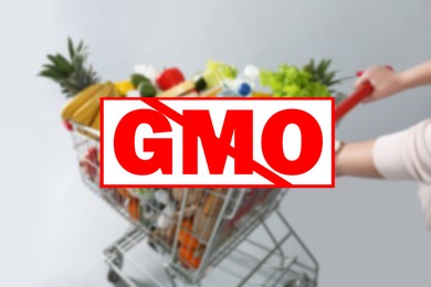 Image of GMO free products. Blurred view of woman with shopping cart full of groceries on grey background