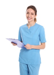 Photo of Portrait of medical doctor with clipboard isolated on white