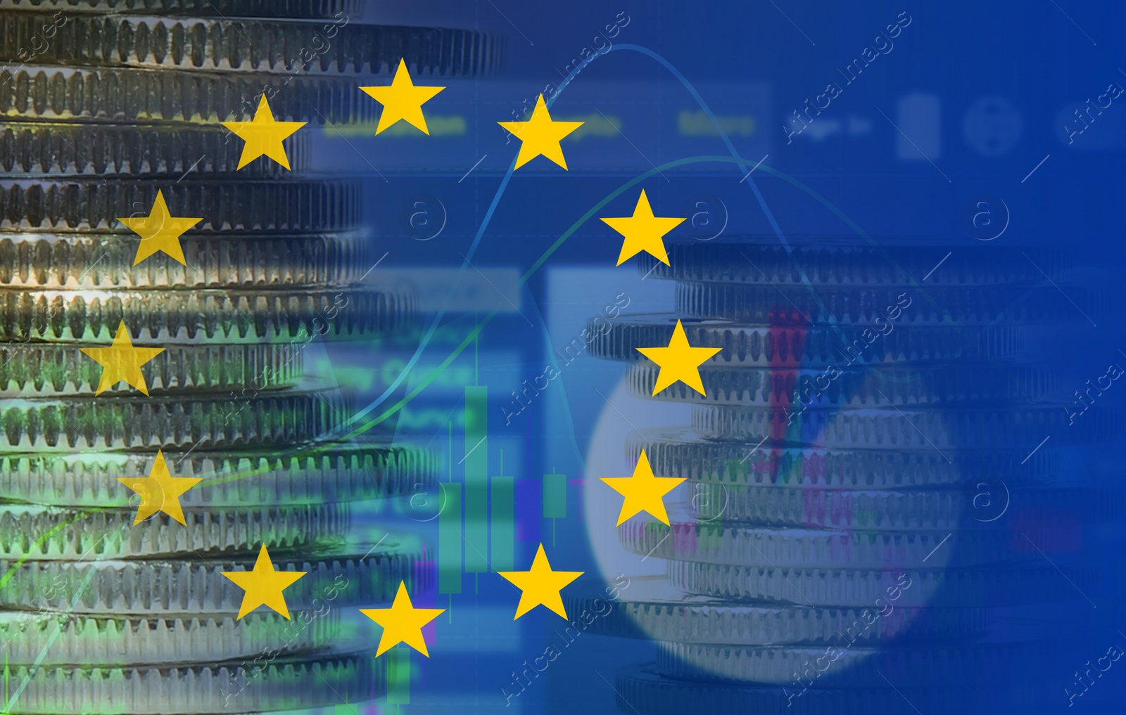 Image of Stock exchange. Multiple exposure with European flag, coins, trading data and graphs