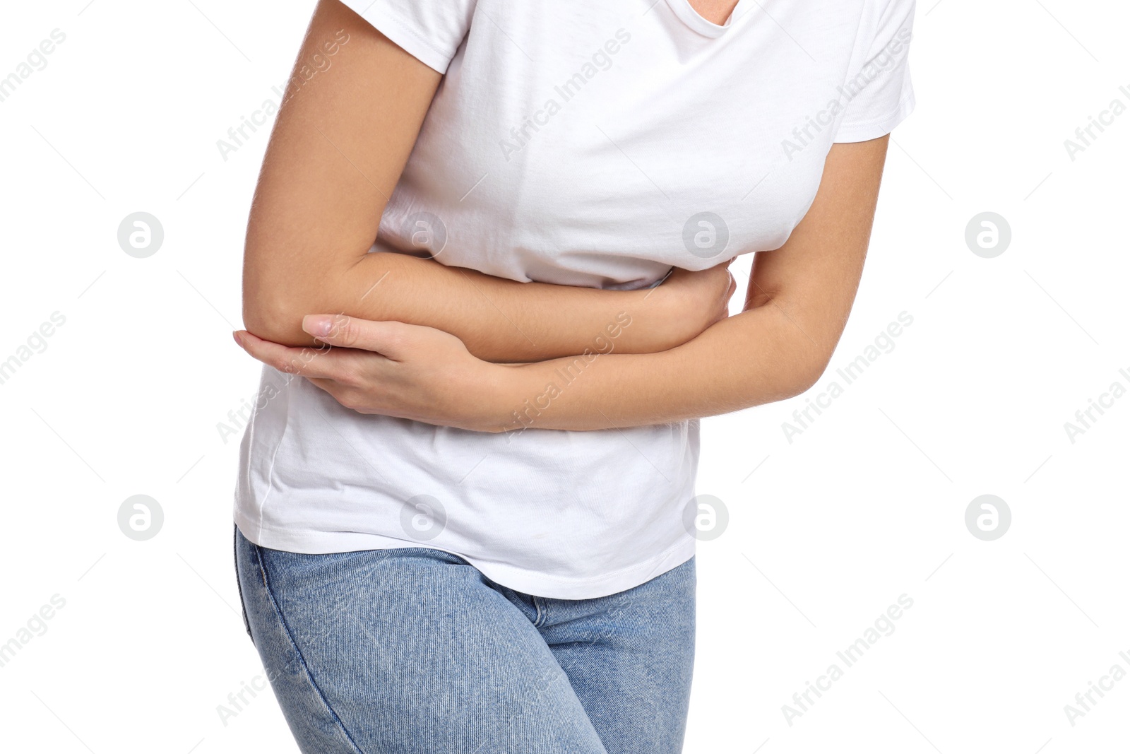 Photo of Woman suffering from stomach ache on white background, closeup. Food poisoning