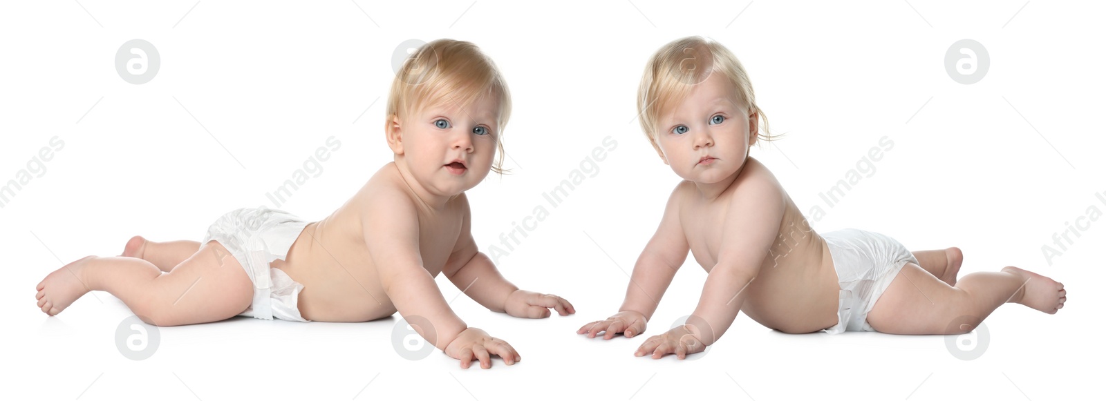 Image of Portrait of cute twin babies on white background