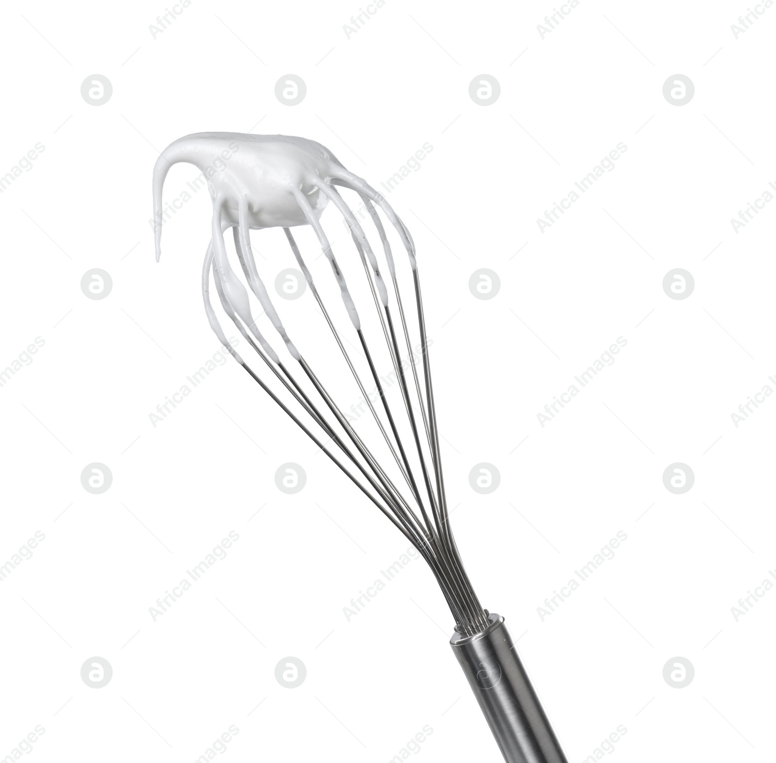 Photo of Whisk with whipped egg whites isolated on white