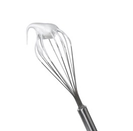 Photo of Whisk with whipped egg whites isolated on white