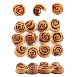 Tasty cinnamon rolls isolated on white, set