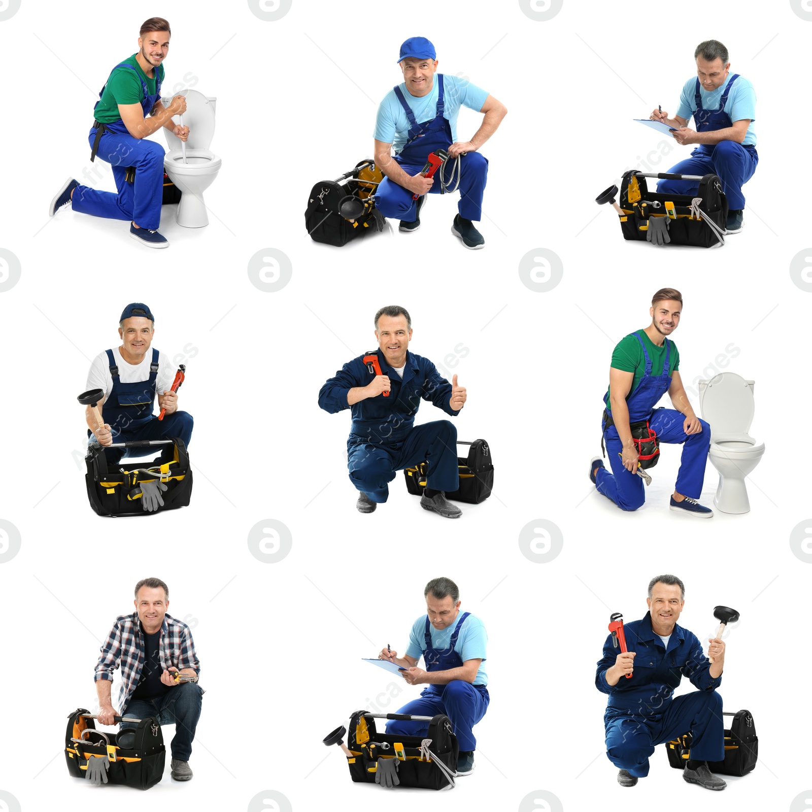 Image of Collage with photos of plumbers on white background