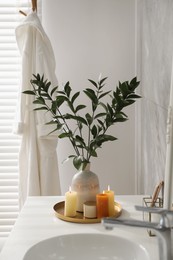 Photo of Beautiful plant in vase and burning candles near vessel sink on bathroom vanity