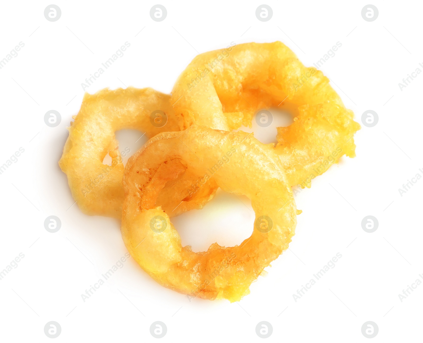 Photo of Delicious golden breaded and deep fried crispy onion rings on white background