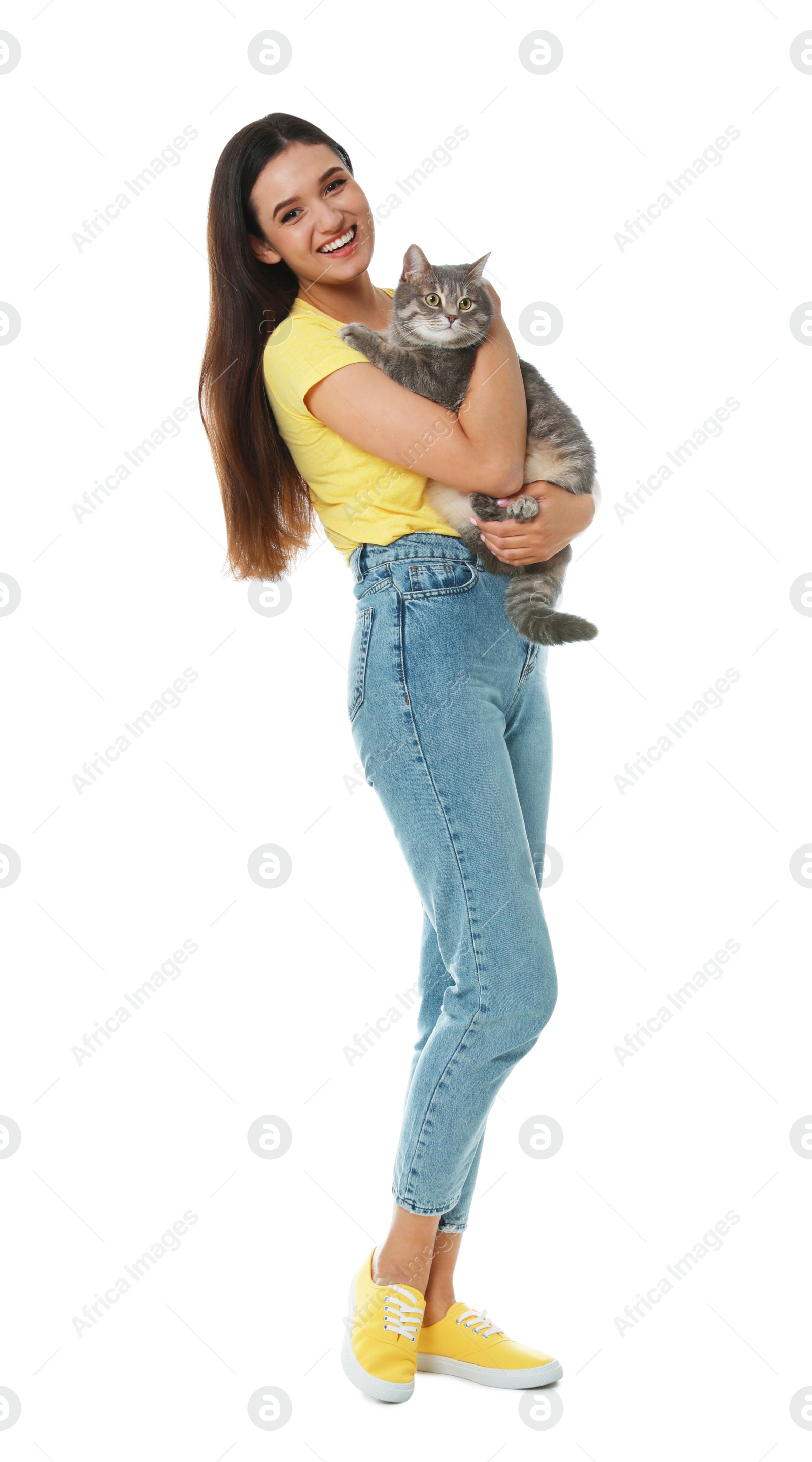 Photo of Young woman with cute cat on white background. Pet and owner