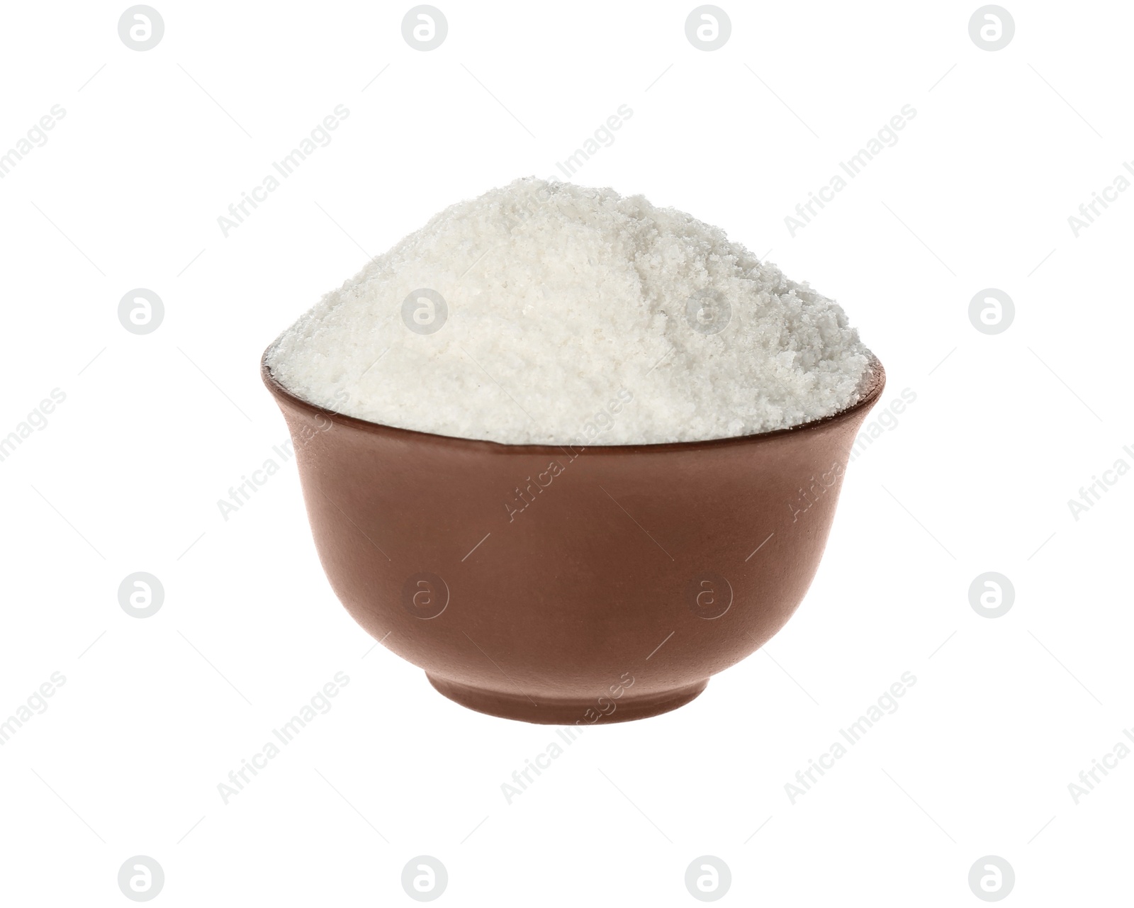 Photo of Bowl with natural salt isolated on white