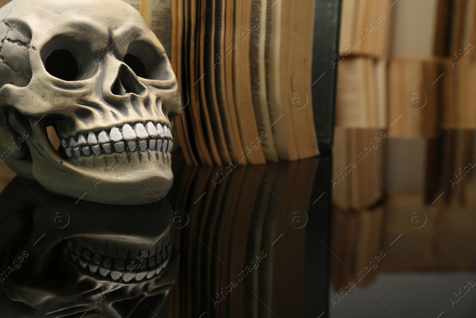 Photo of Human skull and old book on mirror table. Space for text