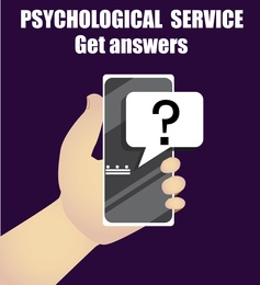 Online psychological service. Person holding phone in hand on purple background, closeup