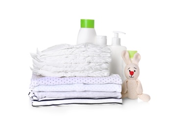 Set of baby accessories on white background