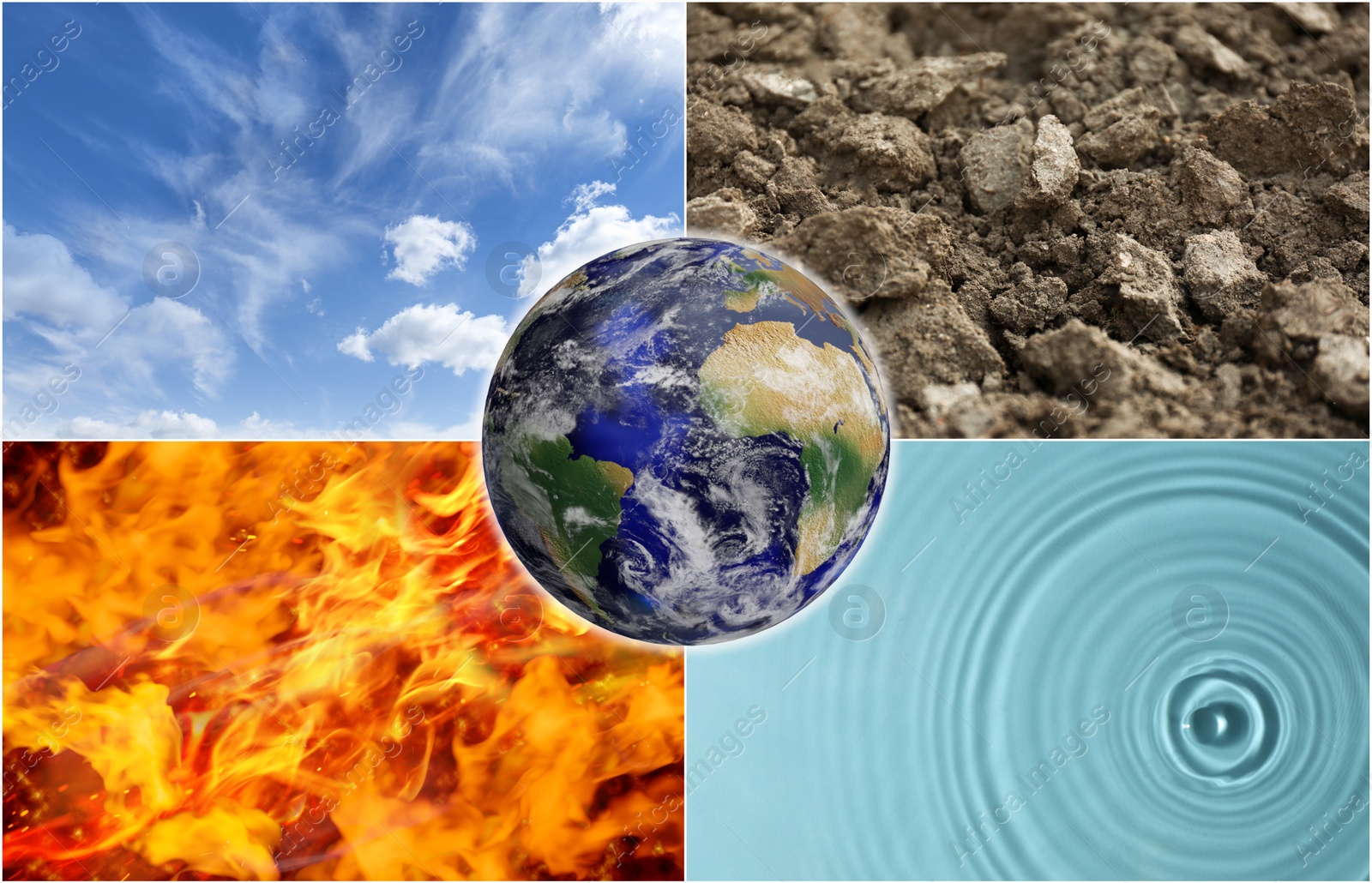 Image of Set of four elements with globe. Air, Earth, Fire and Water