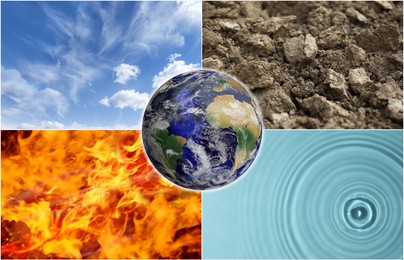 Image of Set of four elements with globe. Air, Earth, Fire and Water