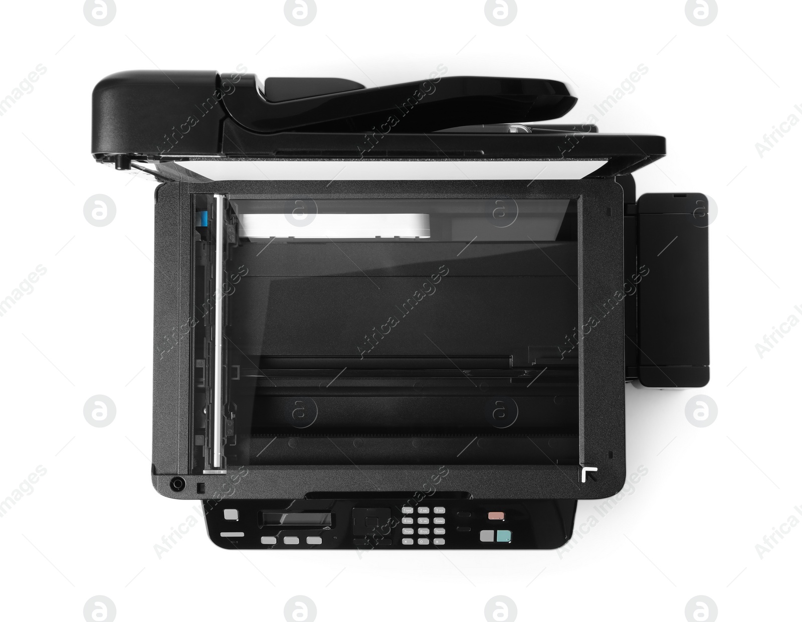 Photo of New open printer isolated on white, top view