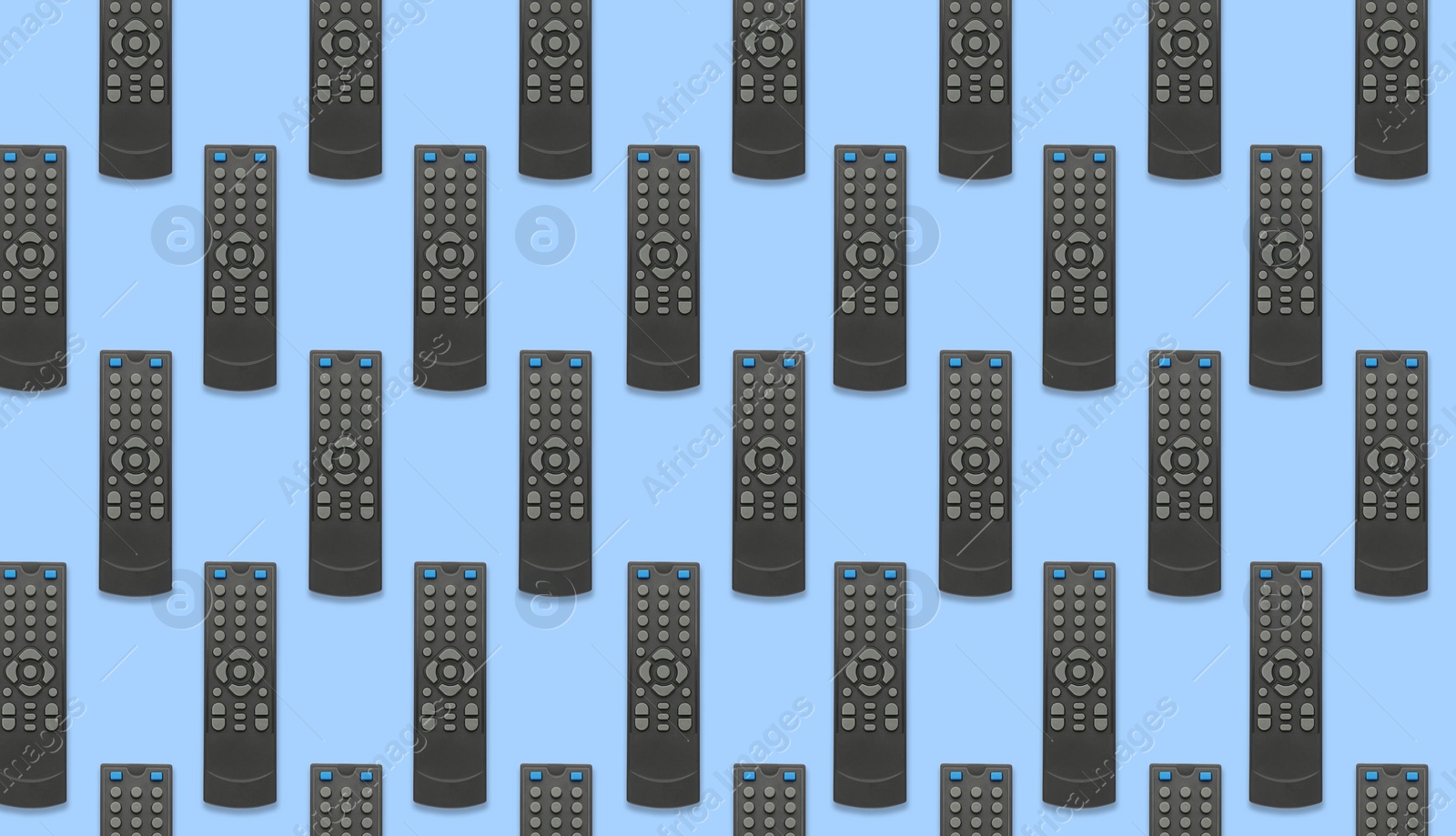 Image of Remote controller pattern on light blue background, top view. Collage design