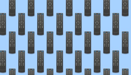 Image of Remote controller pattern on light blue background, top view. Collage design