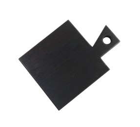 Photo of Black wooden cutting board isolated on white, top view