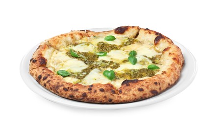 Tasty pizza with pesto sauce on white background