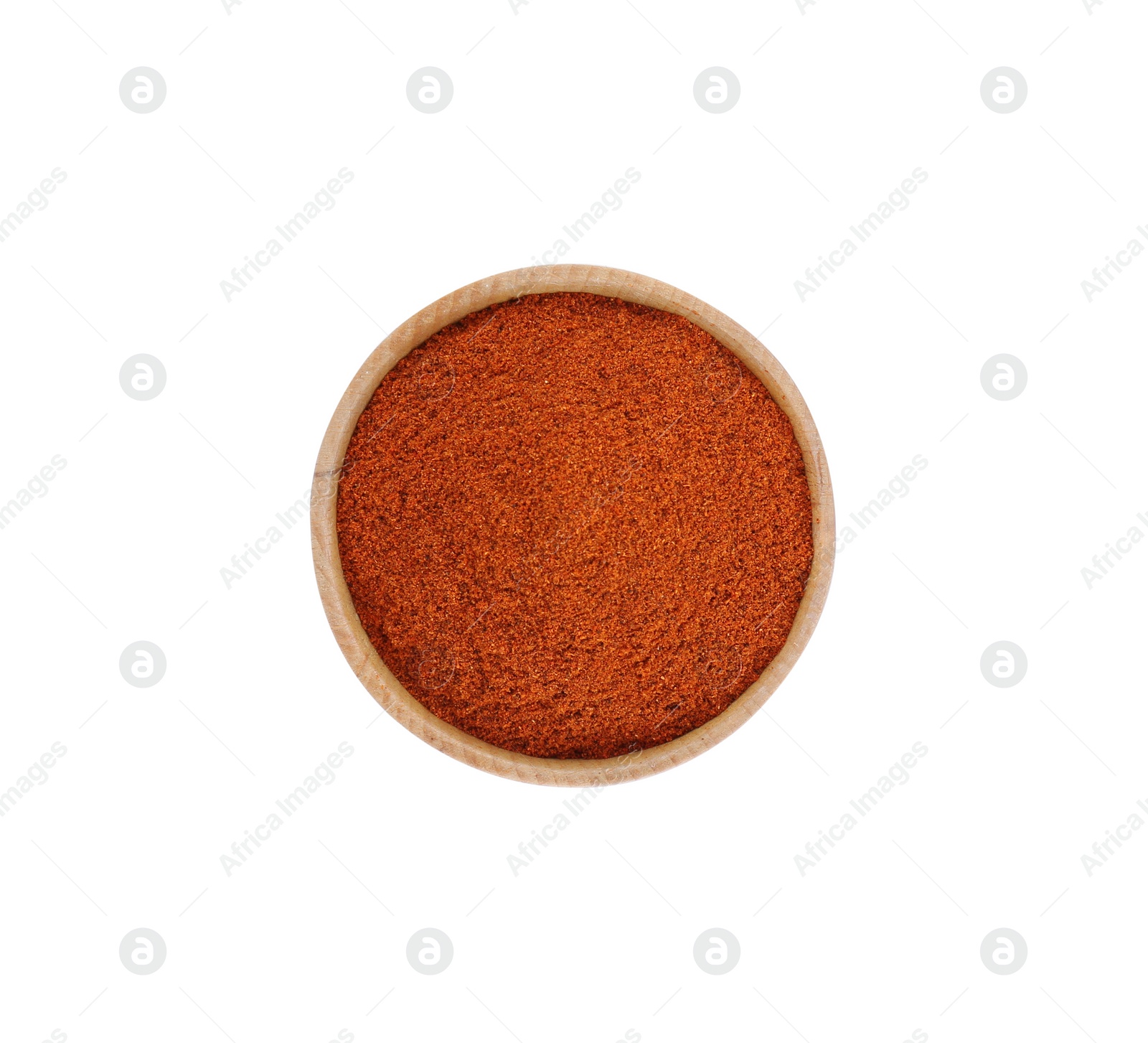 Photo of Bowl with aromatic paprika powder isolated on white, top view