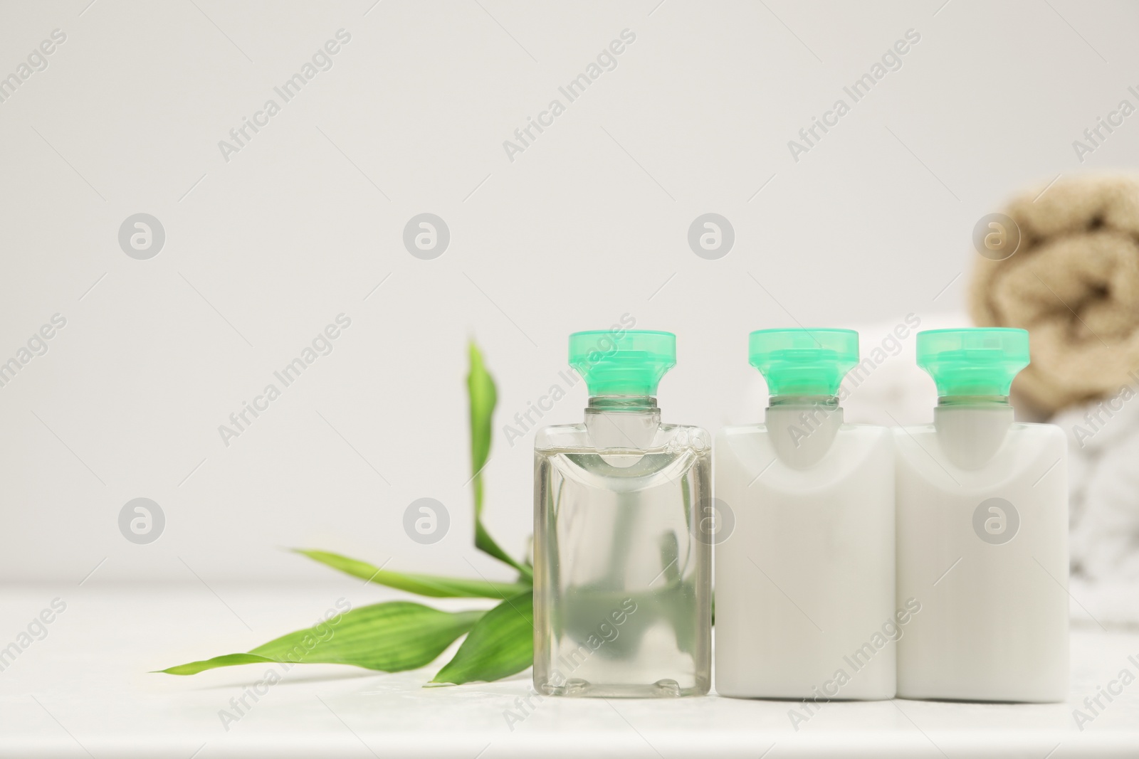 Photo of Mini bottles of cosmetic products and green branch on white table. Space for text