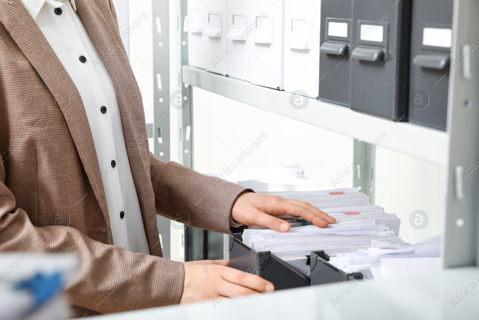 Photo of Woman taking documents from folder in archive, closeup