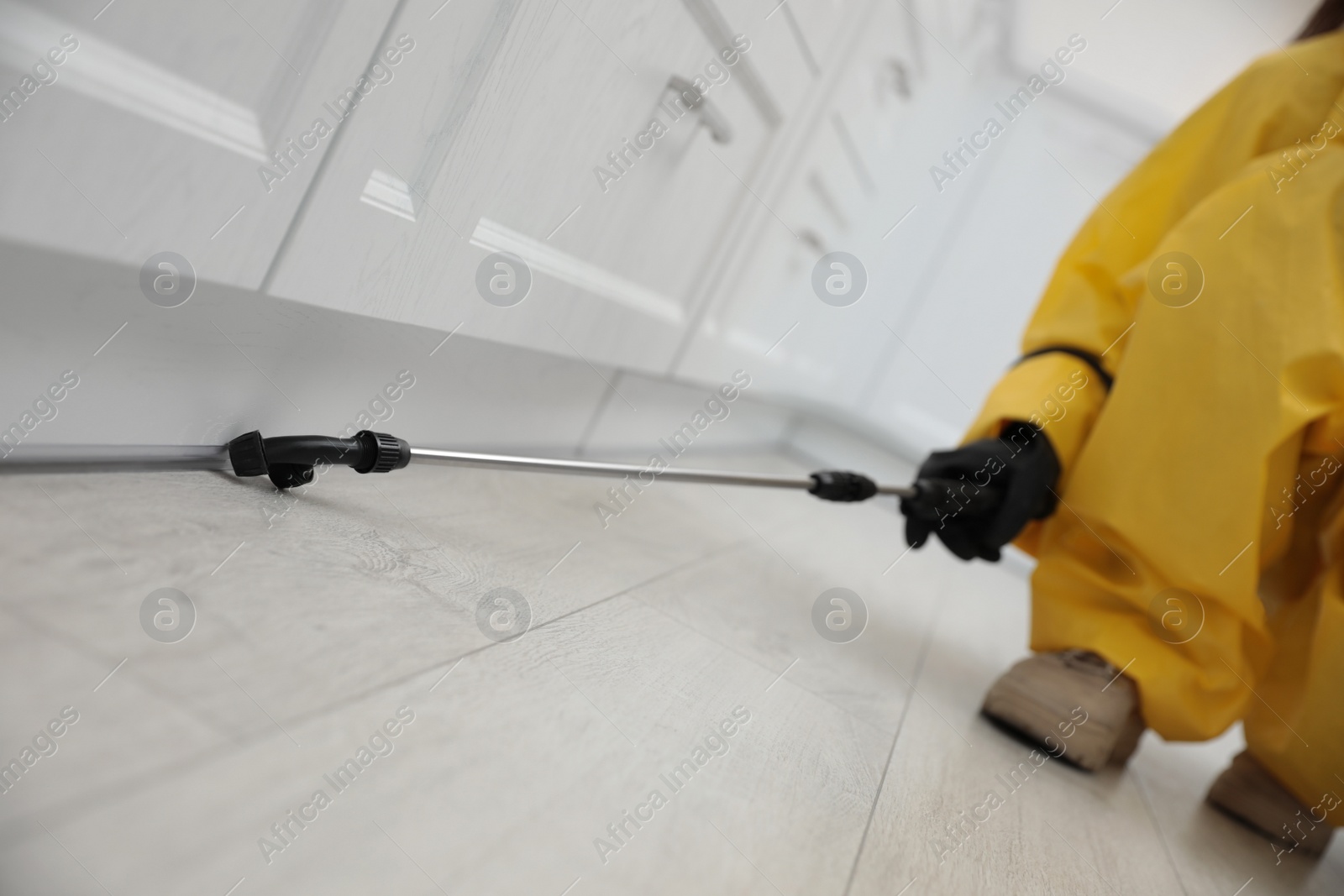 Photo of Pest control worker spraying pesticide around furniture indoors, closeup
