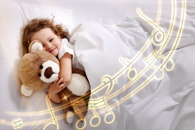 Image of Songs for kids. Cute little girl hugging toy bear in bed. Illustration of flying music notes around child