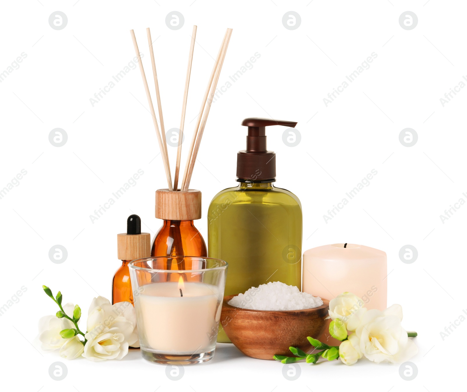 Photo of Beautiful spa composition with different care products and flowers on white background