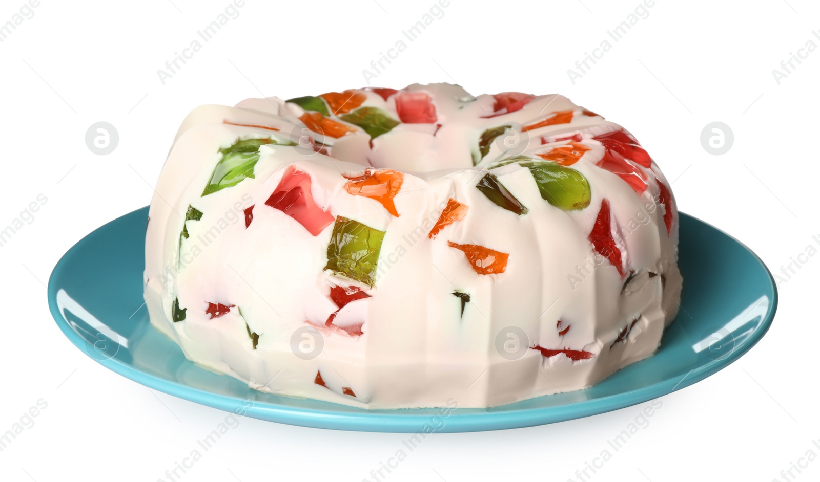 Photo of Delicious broken glass jelly cake on white background