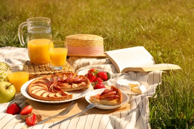 Photo of Blanket with different products and book on green grass. Summer picnic