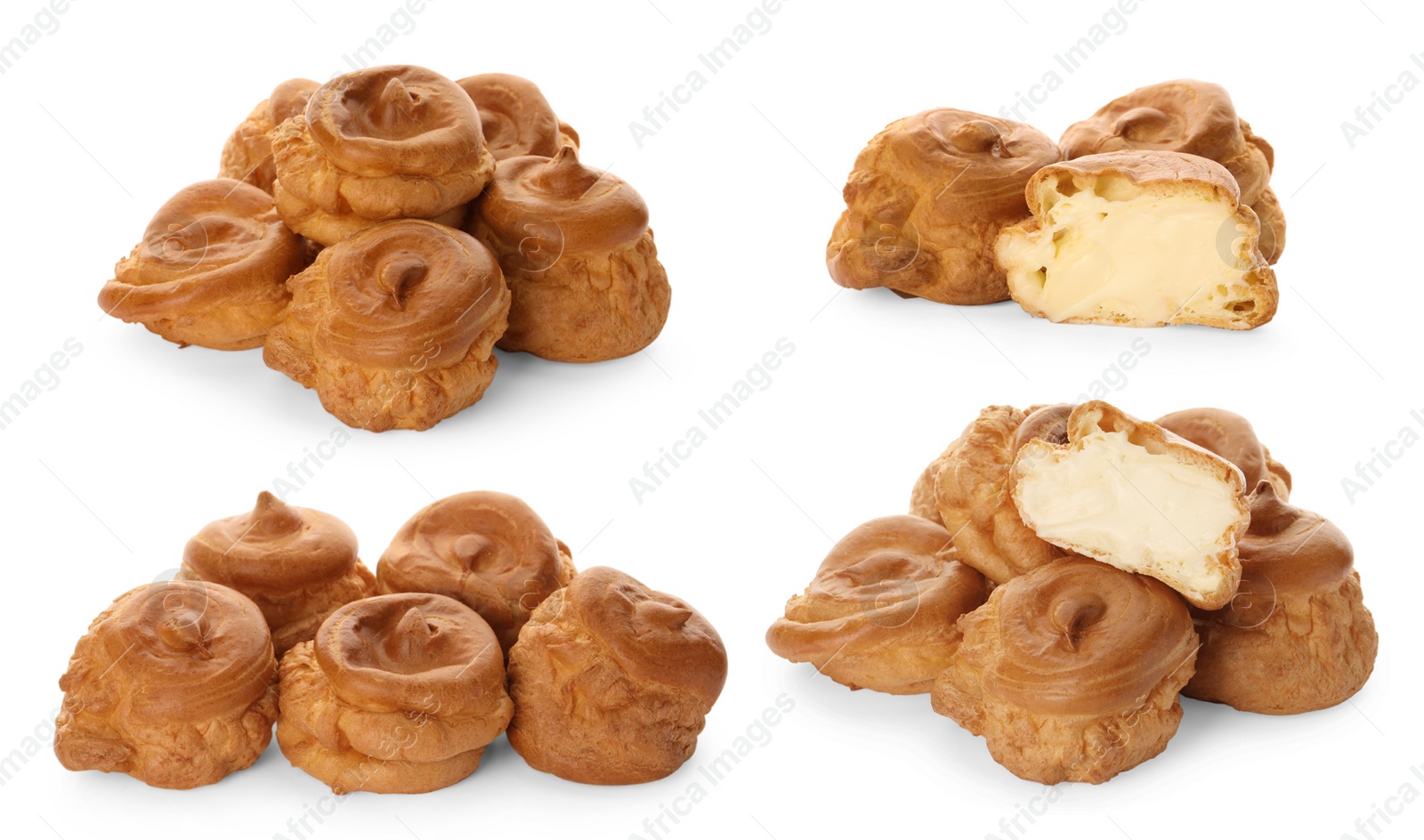 Image of Delicious profiteroles with cream filling on white background, collage design