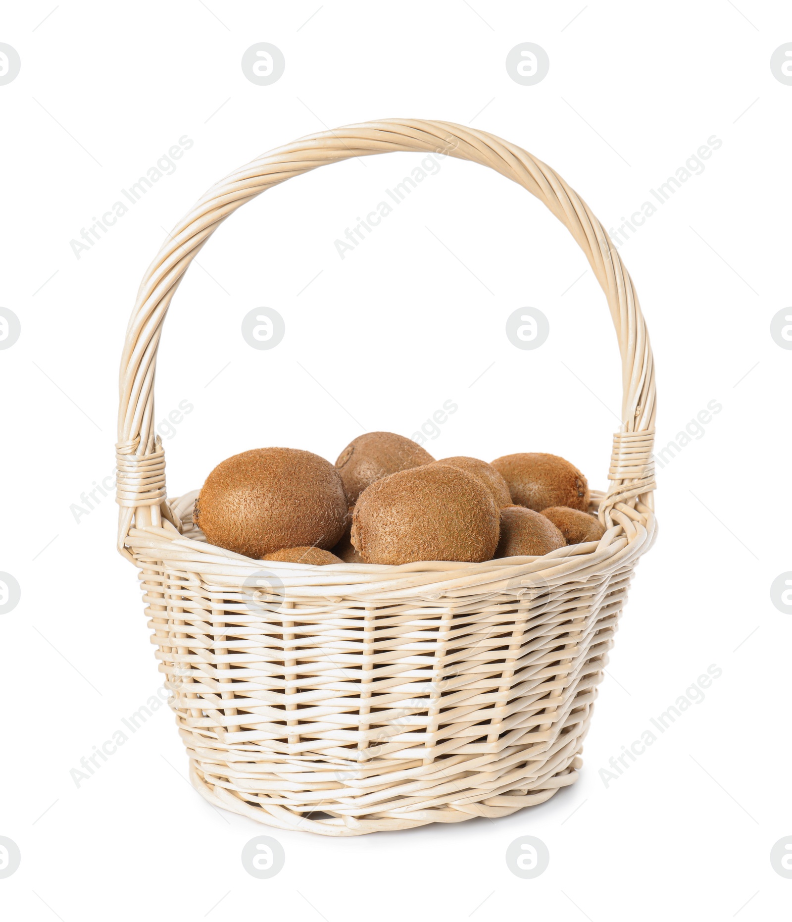 Photo of Whole fresh kiwis in wicker basket isolated on white