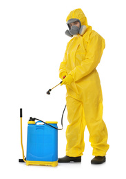Man wearing protective suit with insecticide sprayer on white background. Pest control