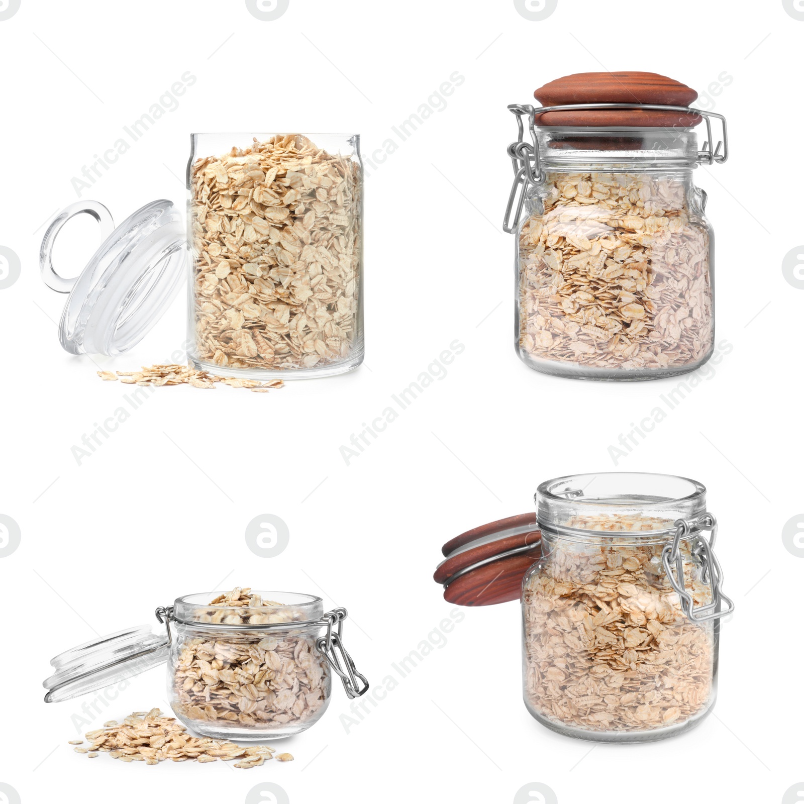 Image of Set with uncooked oatmeal on white background 