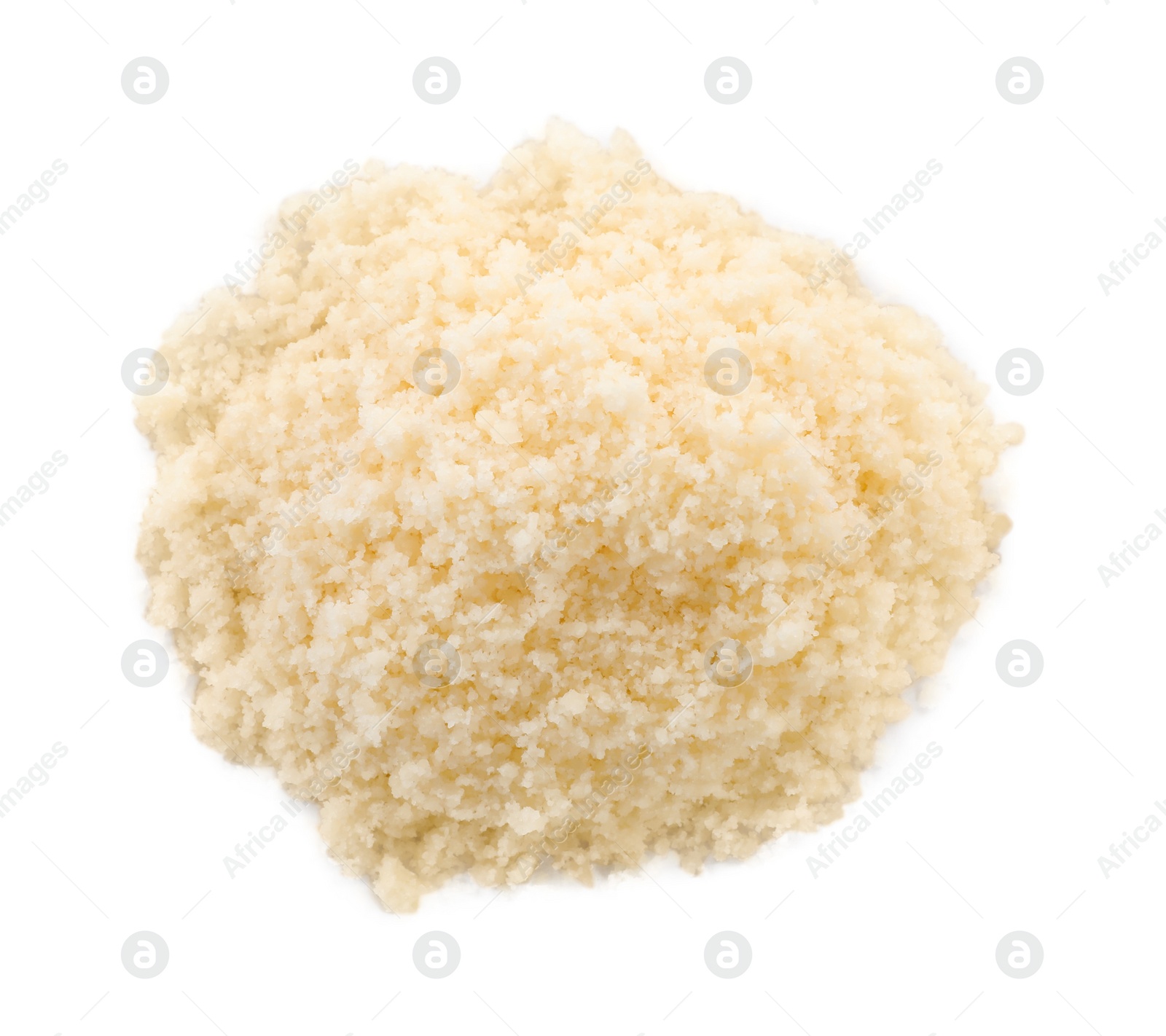 Photo of Pile of grated parmesan cheese isolated on white, top view