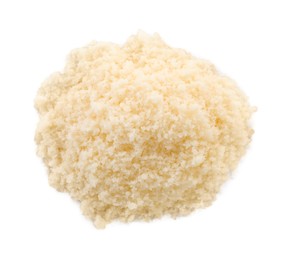 Photo of Pile of grated parmesan cheese isolated on white, top view